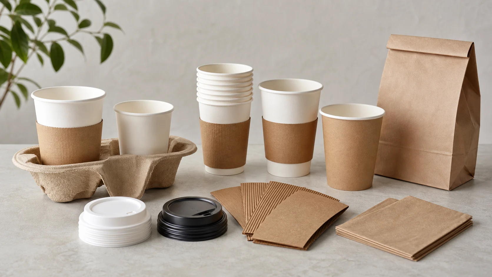 Muestras de envases de café vacíos sin marca, con tazas, tapas, fundas y bolsas de transporte, listas para que el comprador las examine.