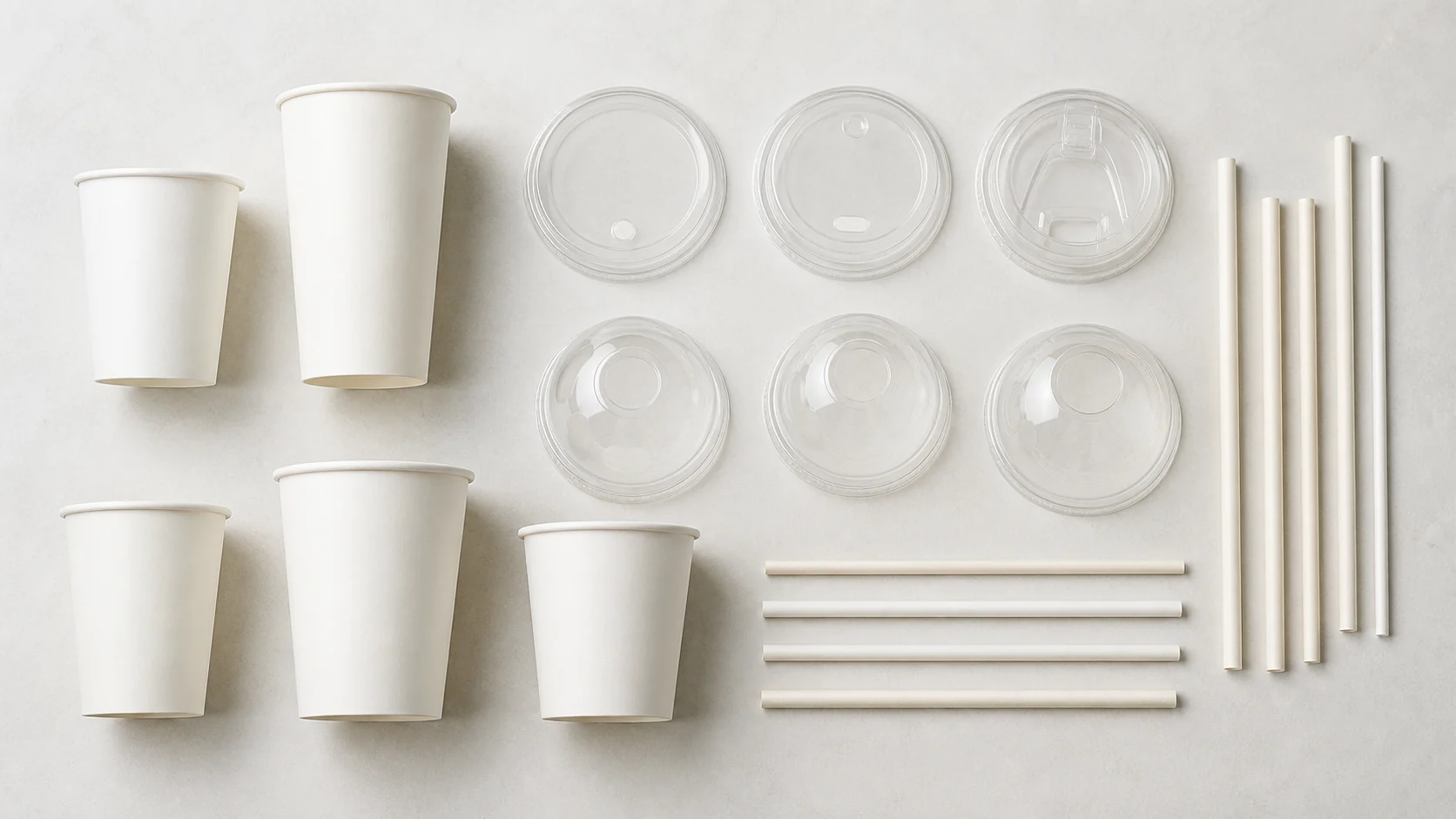 Cold drink cup lids and plain straws arranged by rim-family sample set