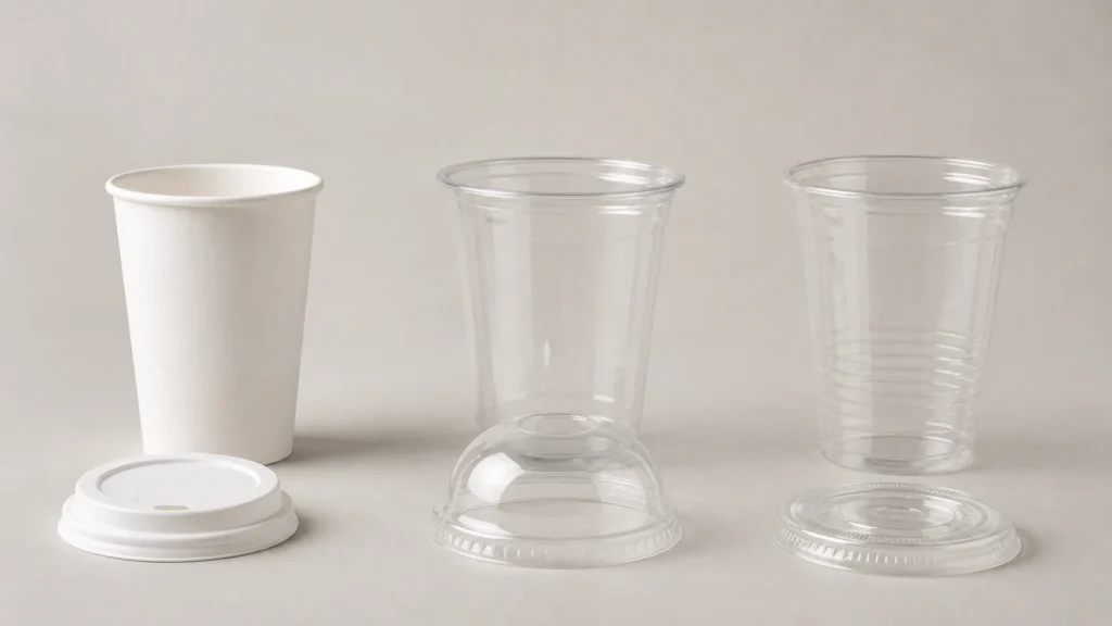 Paper PLA and PET cold drink cups arranged with matching lids