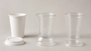 Paper PLA and PET cold drink cups arranged with matching lids