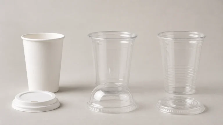 Paper PLA and PET cold drink cups arranged with matching lids