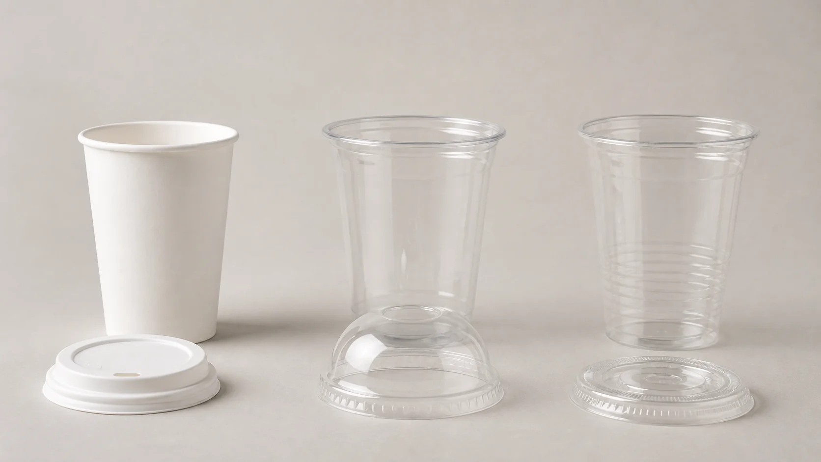 Paper PLA and PET cold drink cups arranged with matching lids