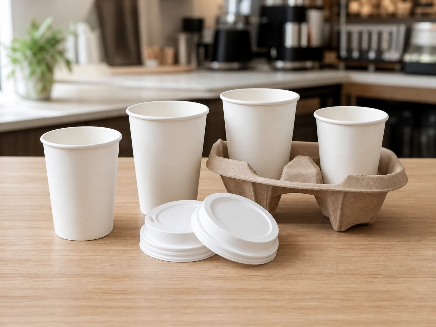Plain paper cold drink cups with lids in a cafe counter setting