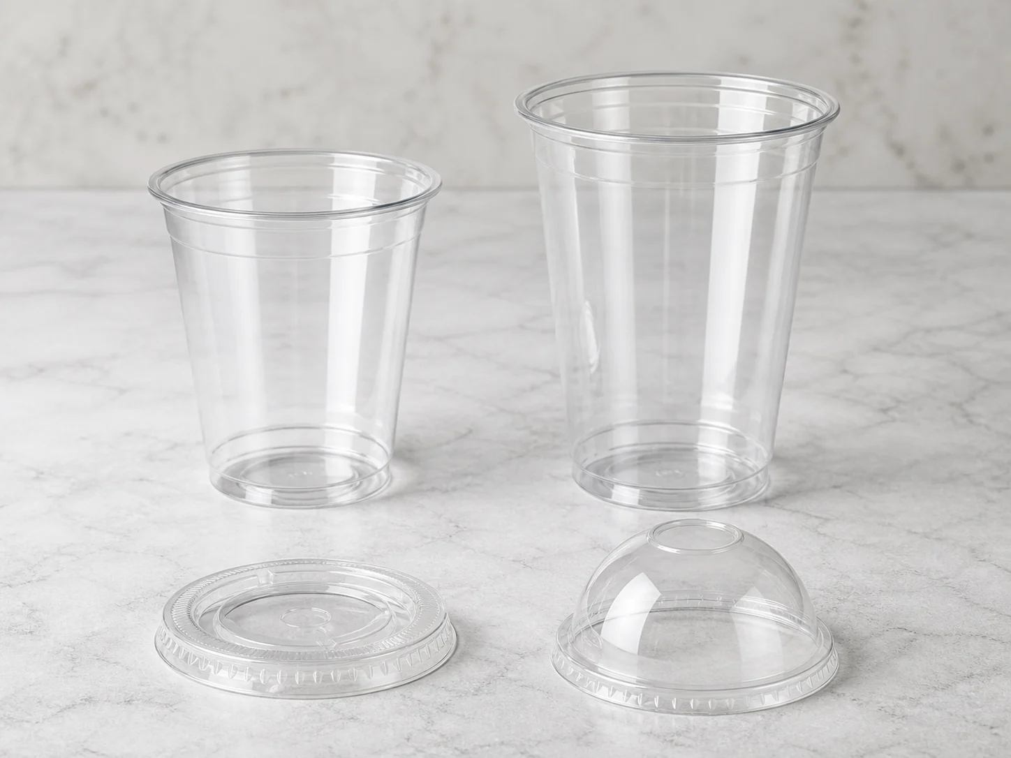 Clear PET cold drink cups with flat and dome lid sample options