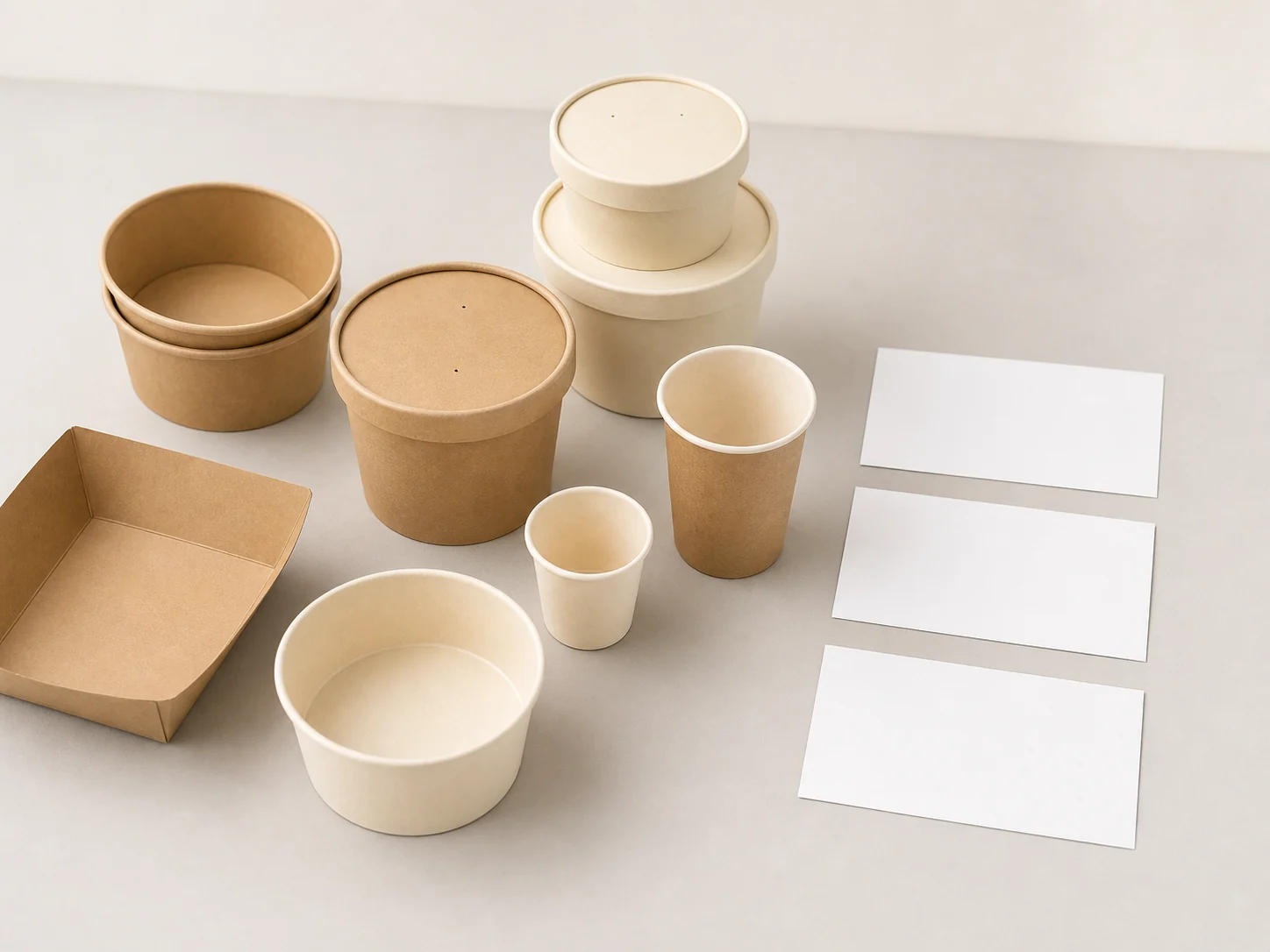 Empty packaging samples with blank destination review cards