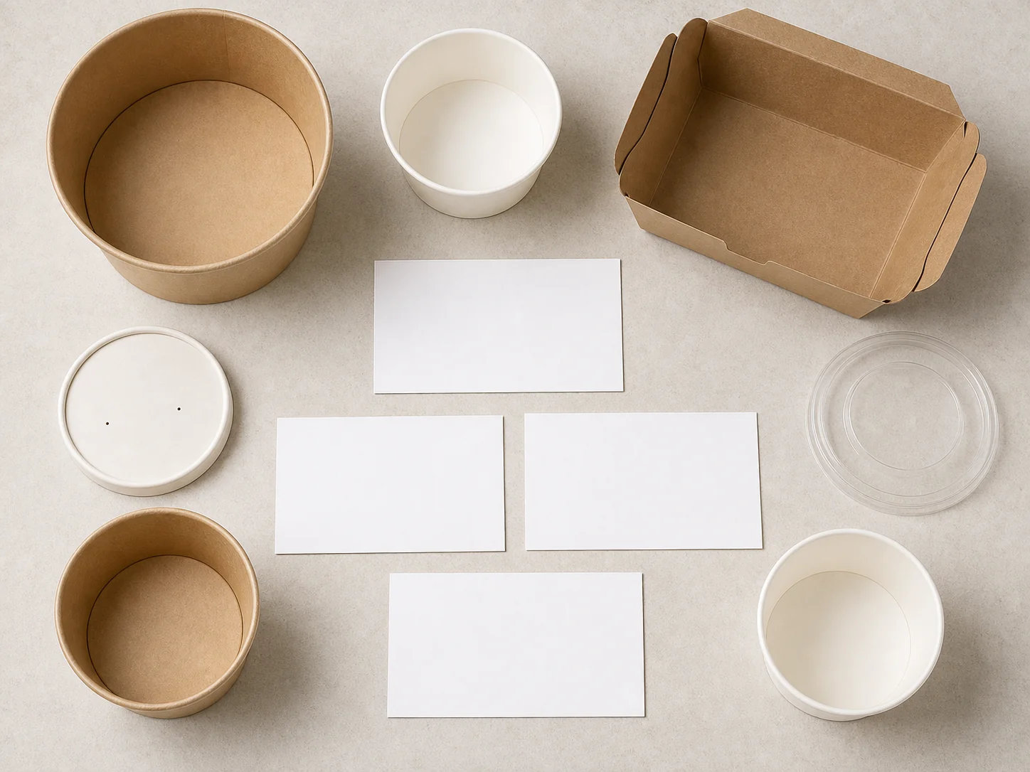 Empty packaging samples beside blank evidence review cards