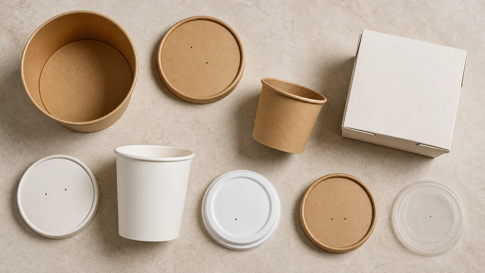 Empty food packaging samples arranged for service route review