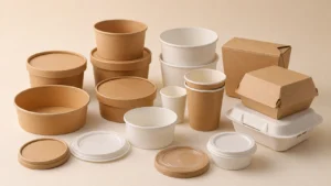 Empty unbranded food packaging samples arranged for buyer review