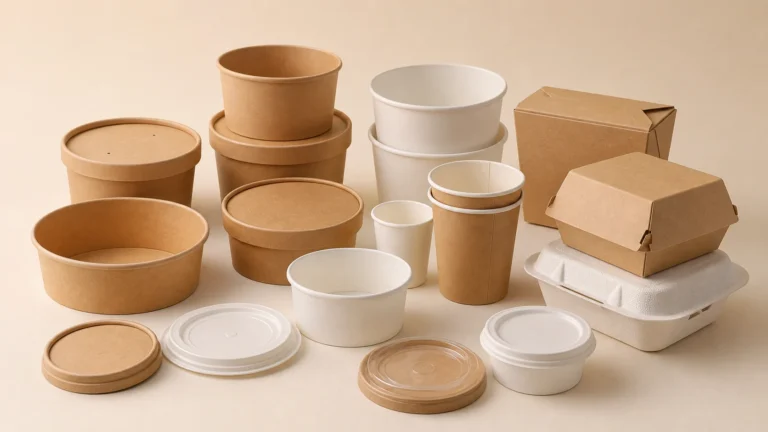 Empty unbranded food packaging samples arranged for buyer review