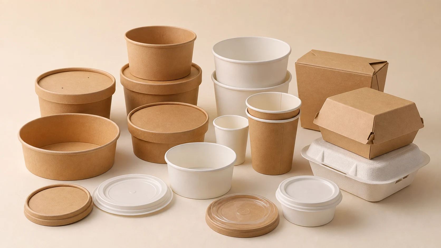 Empty unbranded food packaging samples arranged for buyer review