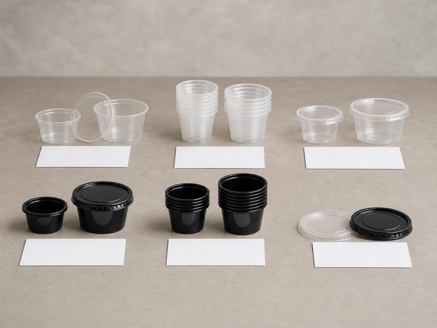Empty condiment cup sample groups with blank comparison cards