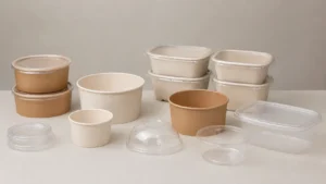 Empty unbranded food containers and plain lids for buyer review