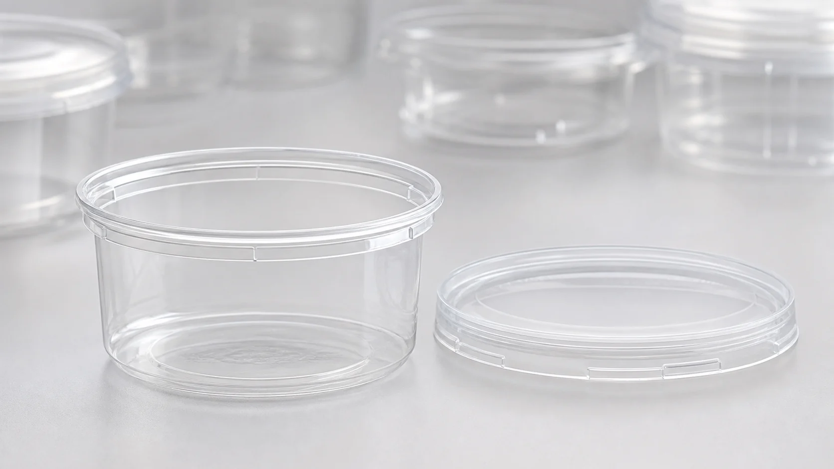 Empty unbranded food containers and plain lids for buyer review