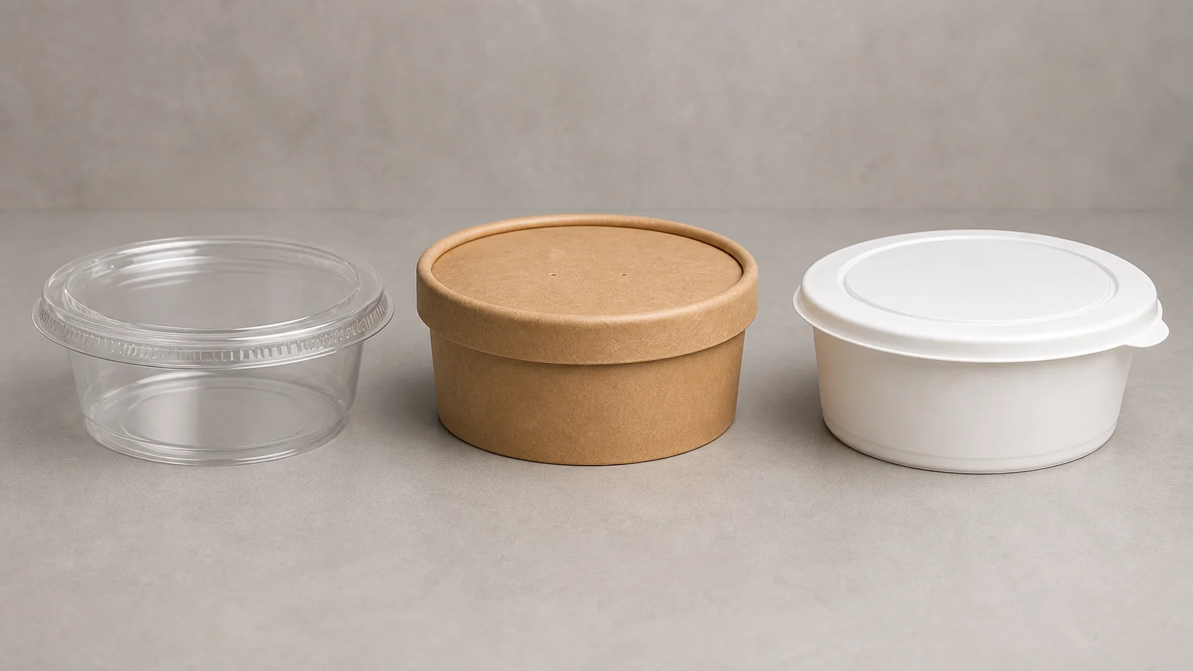 Empty unbranded food containers and plain lids for buyer review