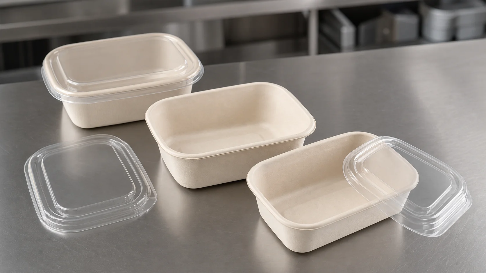 Empty unbranded food containers and plain lids for buyer review