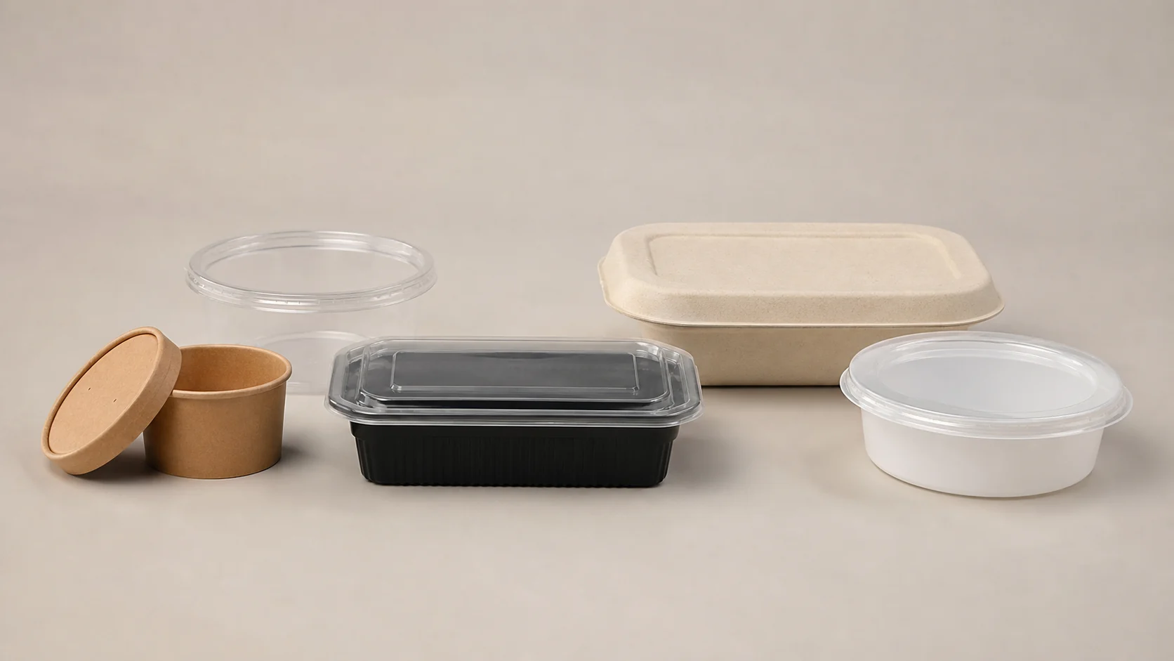 Empty unbranded food containers and plain lids for buyer review