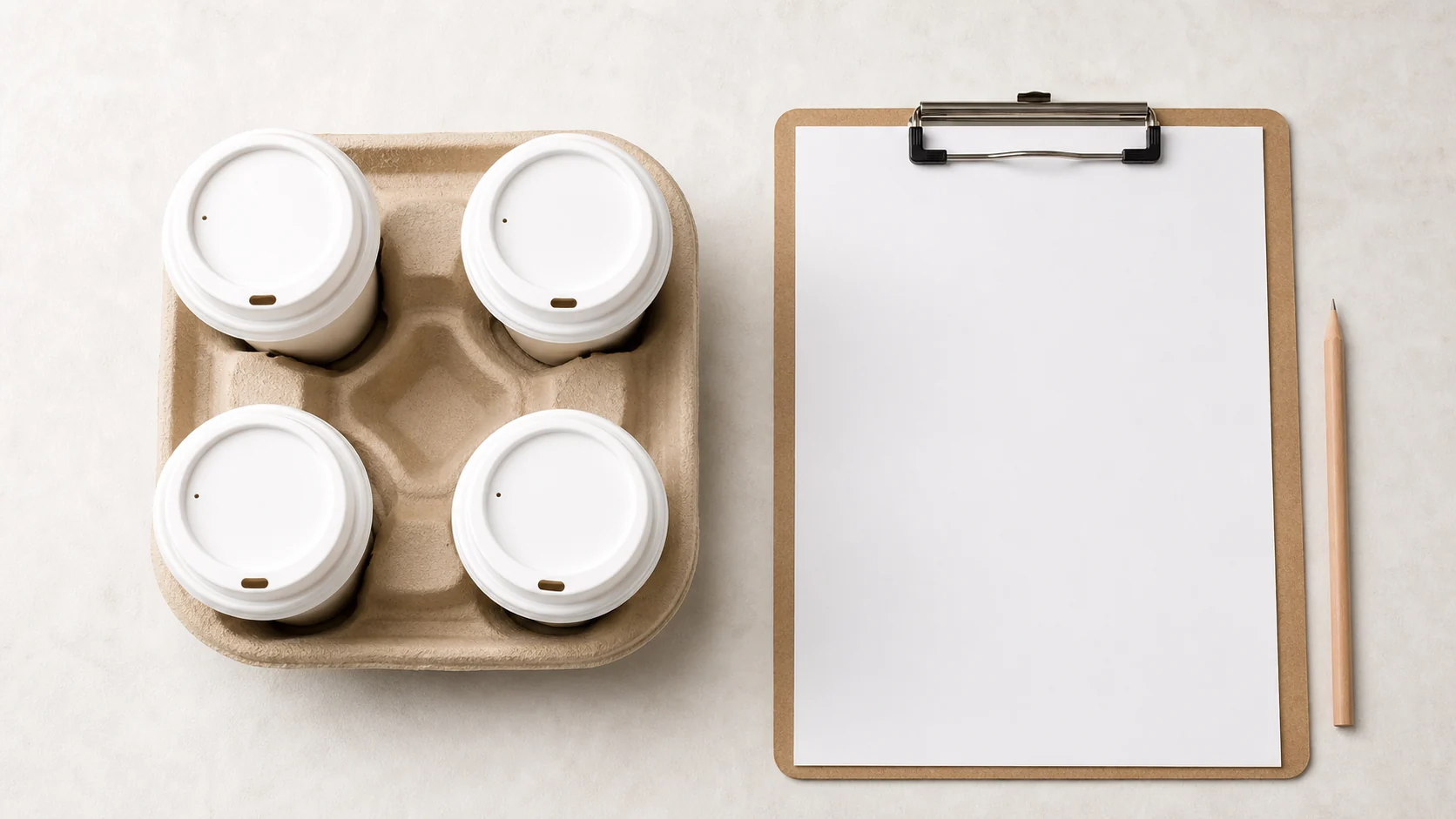 Cup carrier samples with a blank buyer validation brief on a neutral table
