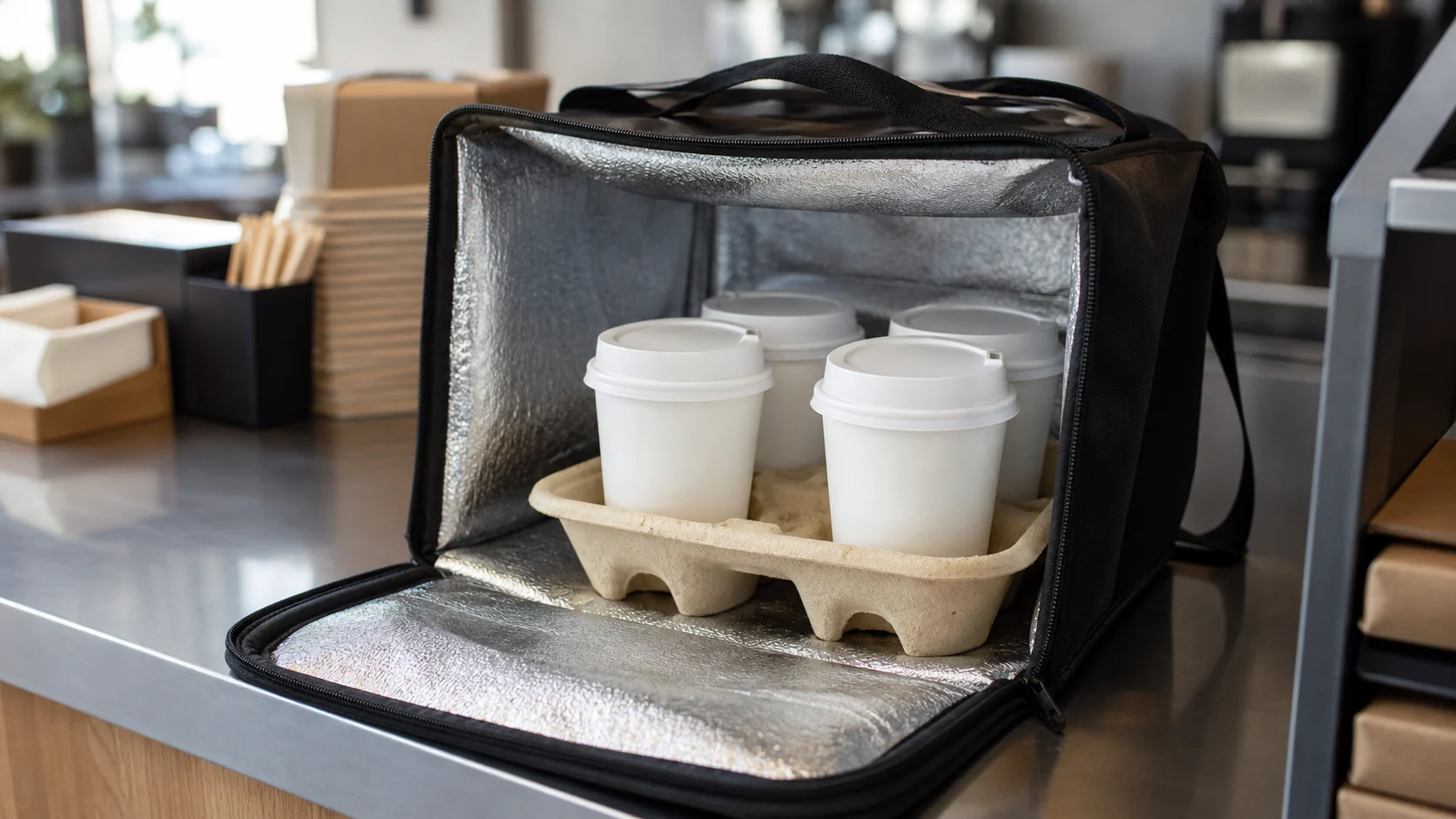 Unbranded drink carrier positioned in an insulated delivery bag for review