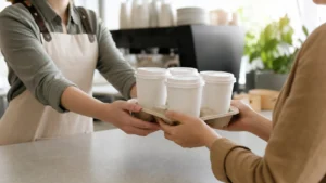 Unbranded drink carrier and paper cups at a foodservice counter hand-off