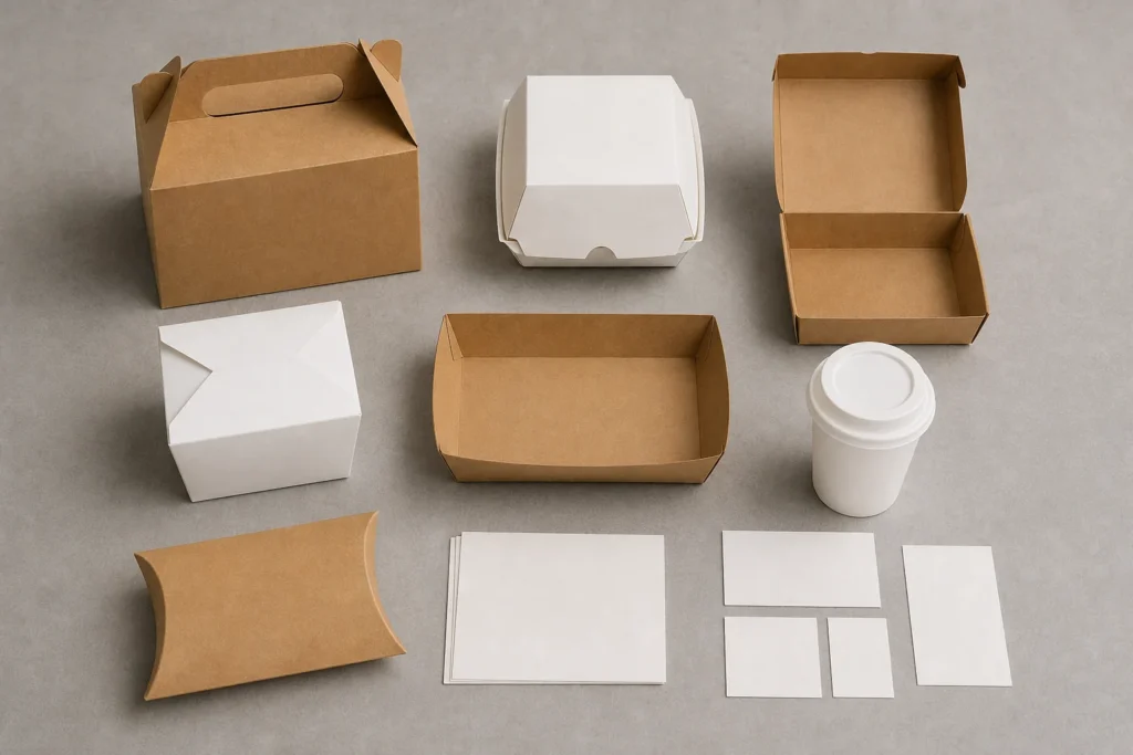 Empty unbranded food boxes and carryout components arranged for a project brief