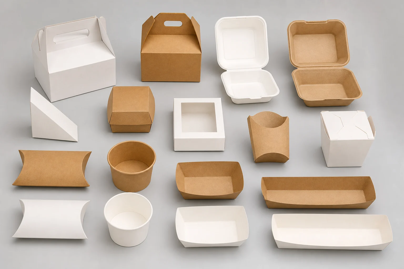 Empty unbranded food box formats and plain containers arranged for specification review