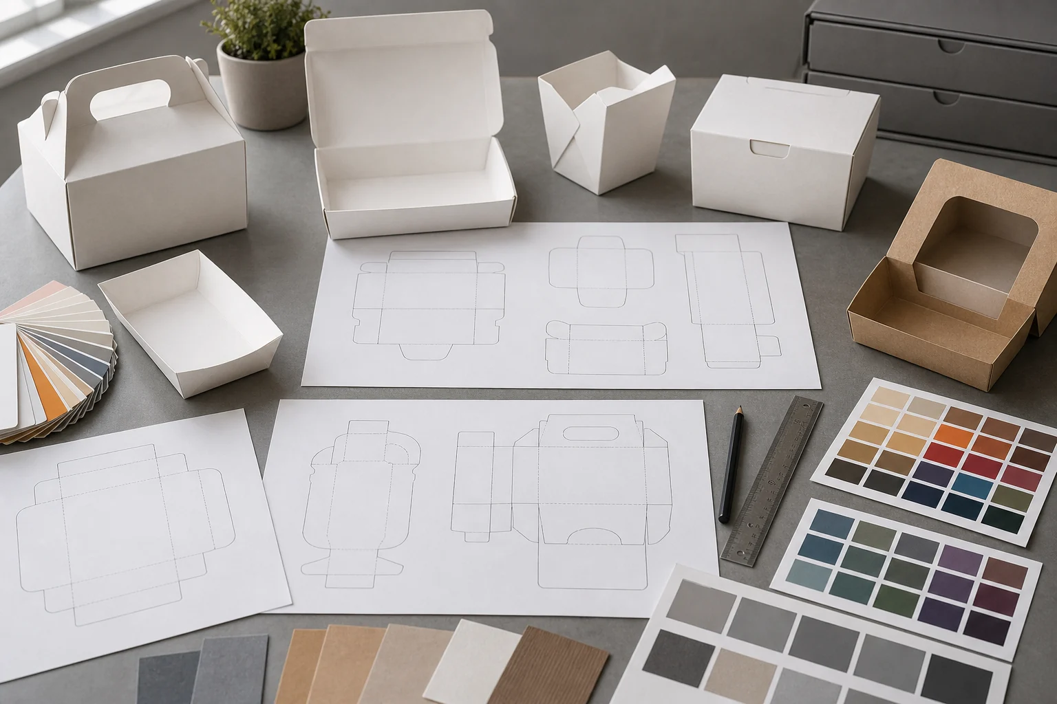Blank food box template sheets and unbranded box samples arranged for artwork review