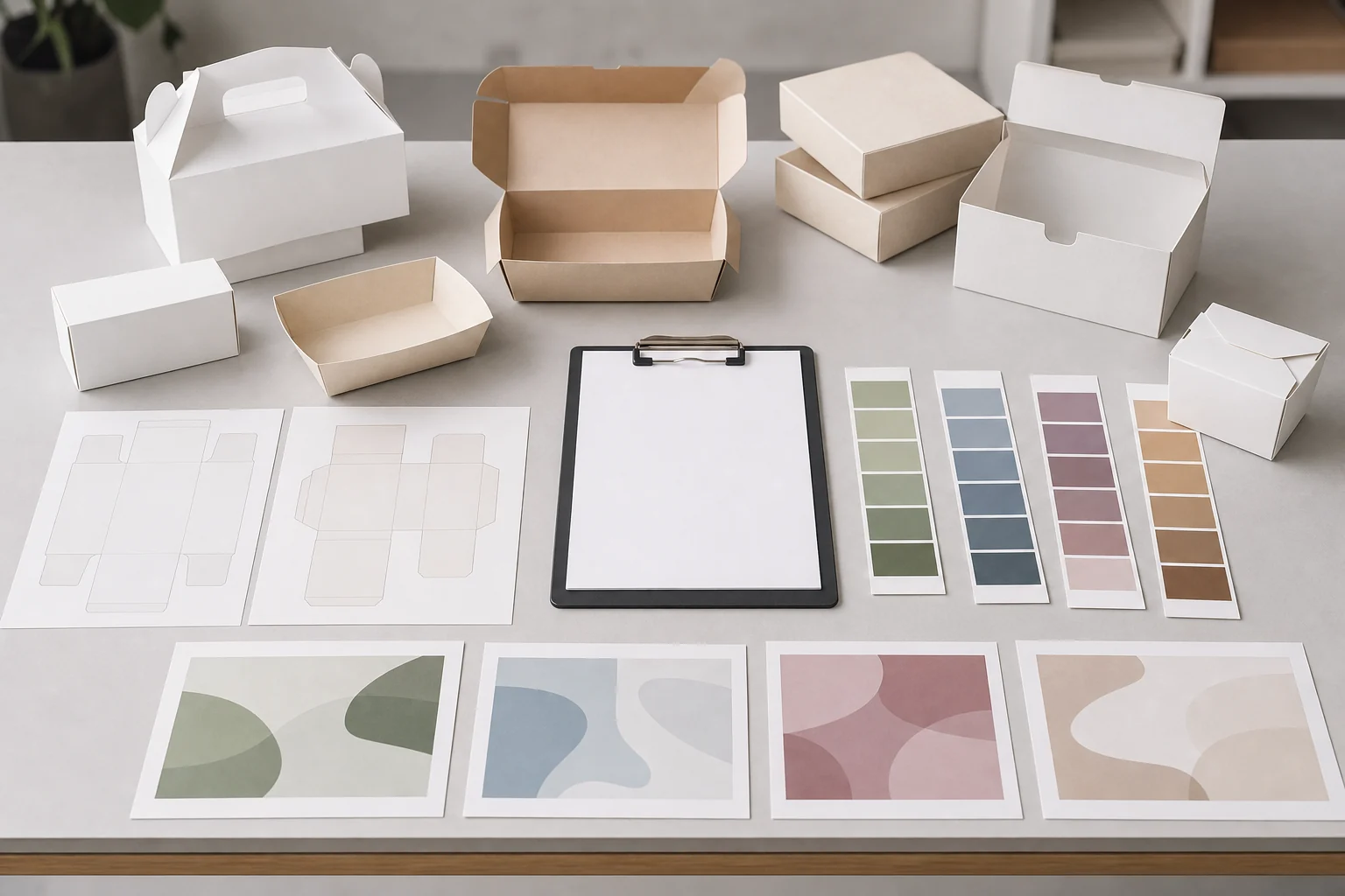 Empty unbranded food box samples and blank review materials staged for proof approval