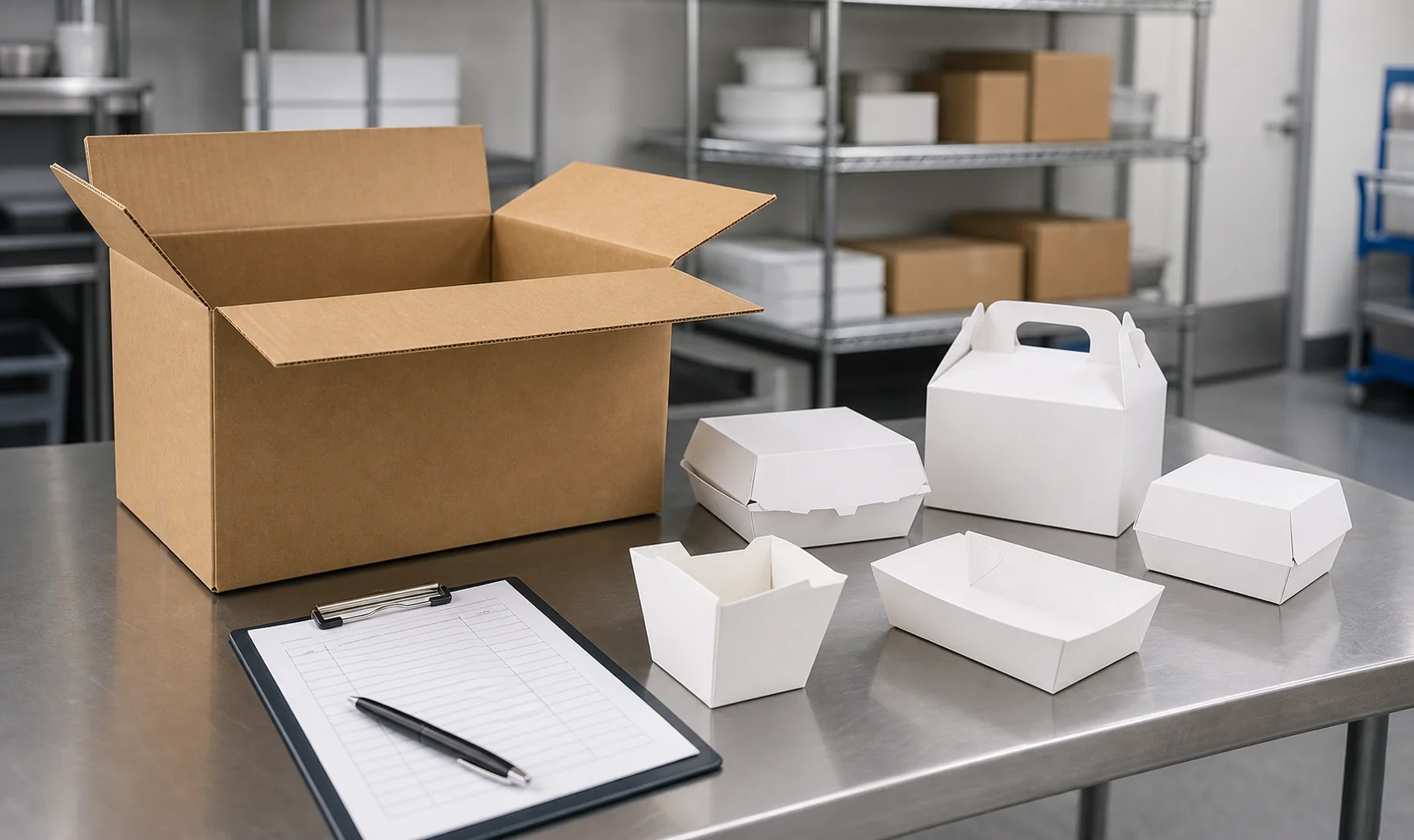 Open plain carton and unbranded food box samples staged for receiving inspection