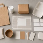 Unbranded food packaging components and planning materials arranged for a project brief