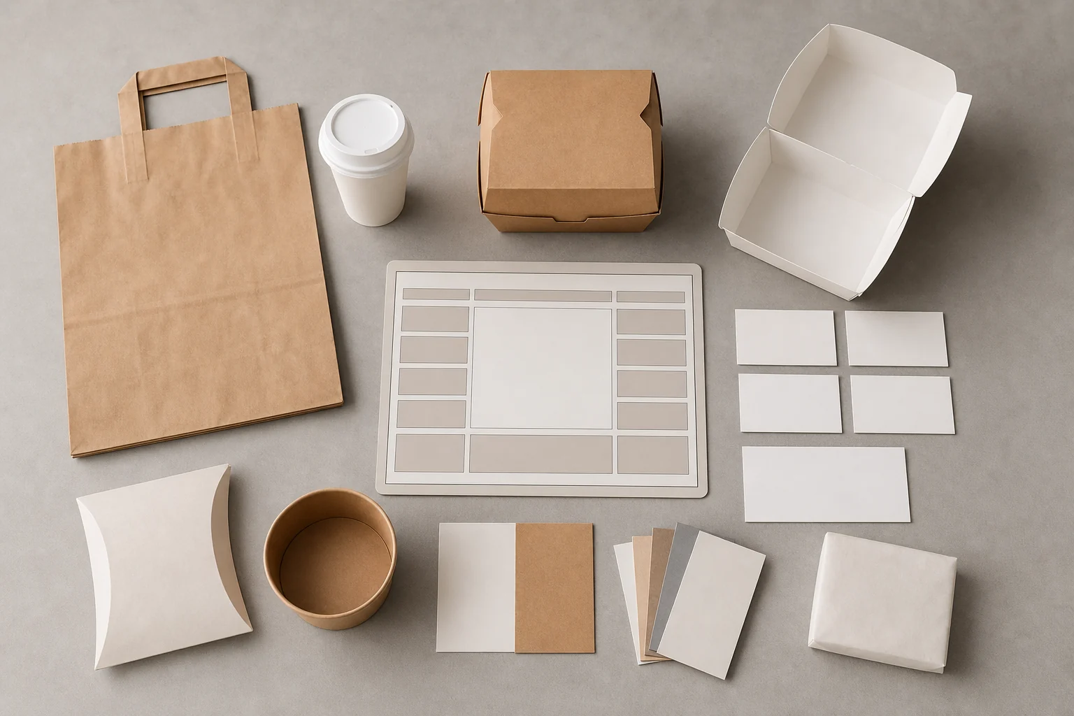 Food packaging samples beside blank layout and color cards