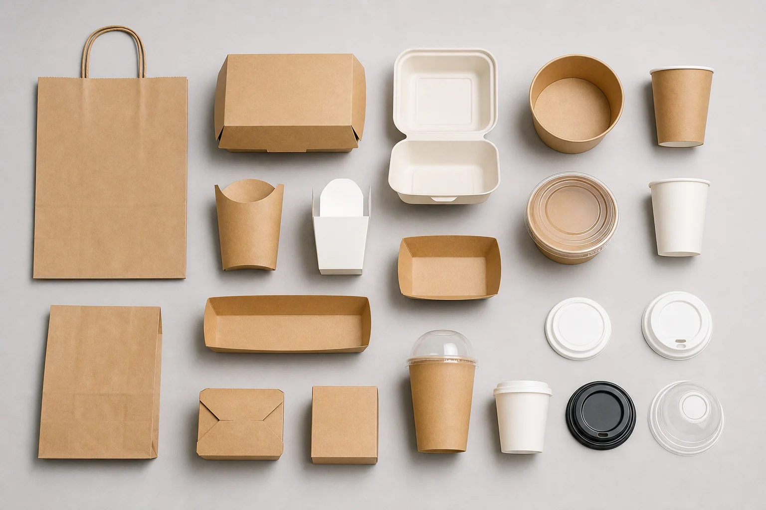 Empty unbranded food containers cups bags and lids arranged for specification review