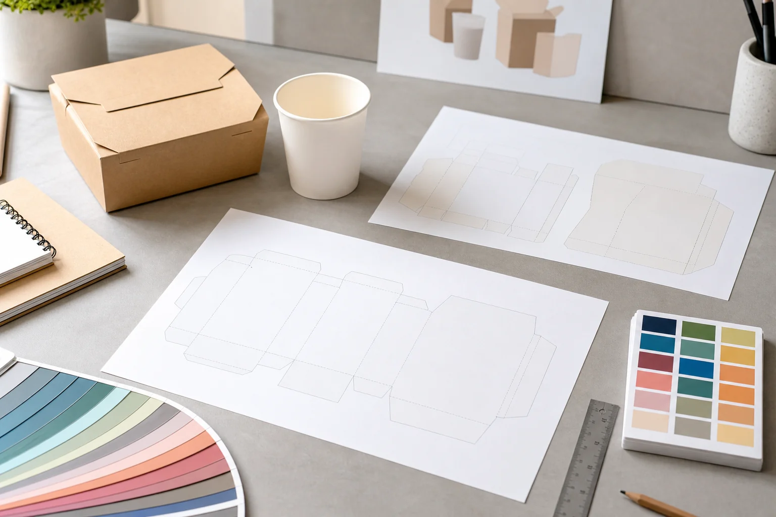 Blank packaging dieline sheets and unbranded sample containers arranged for artwork proof review