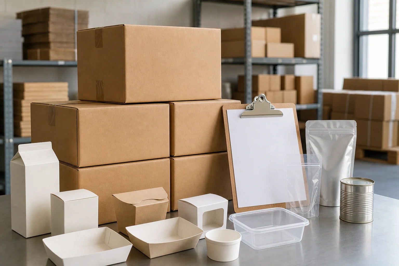 Sealed unbranded packaging cartons and component samples prepared for production release review