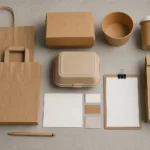 Empty unbranded paper bags and packaging components arranged for a project brief
