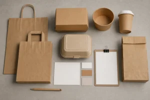 Empty unbranded paper bags and packaging components arranged for a project brief