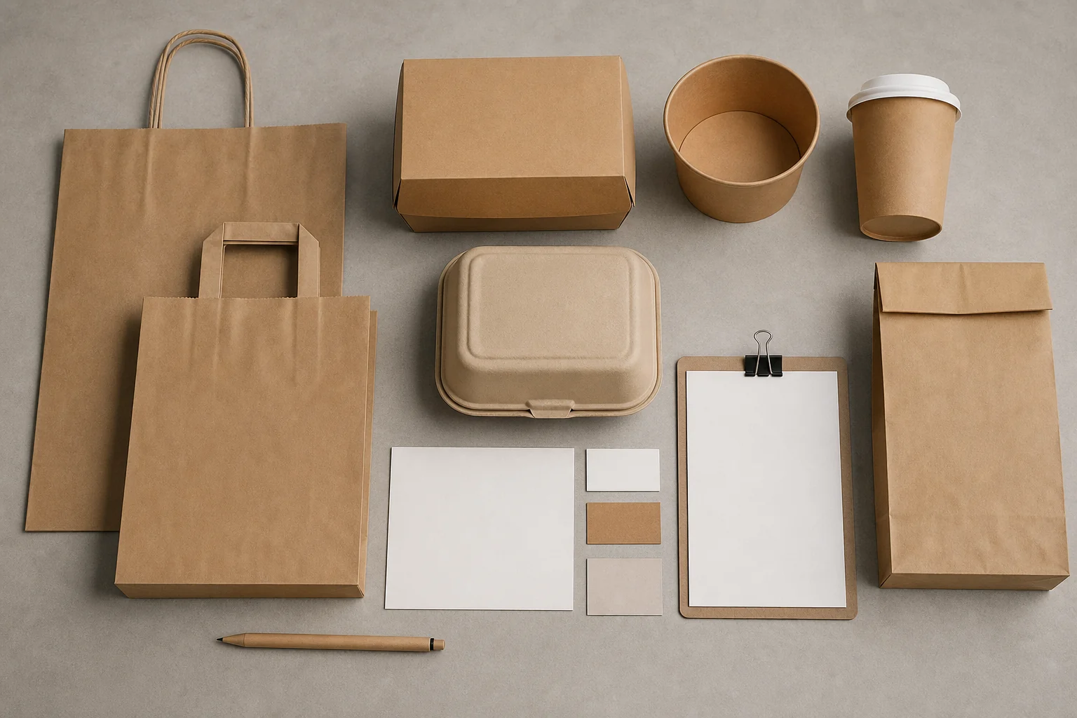 Empty unbranded paper bags and packaging components arranged for a project brief
