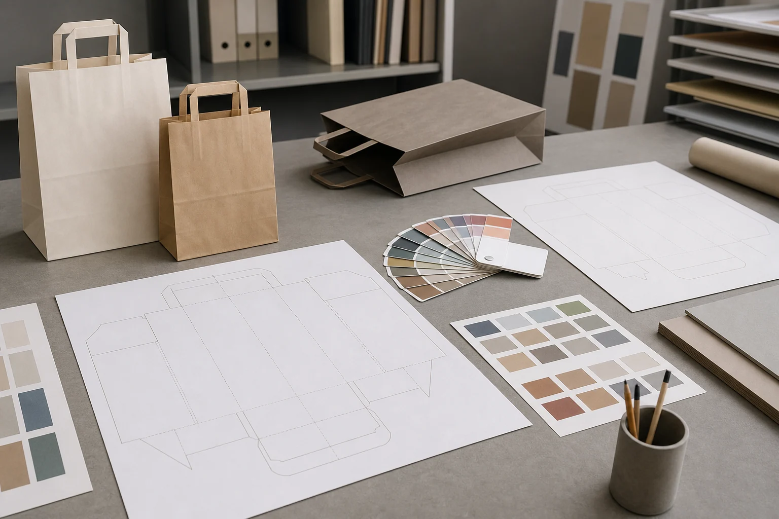 Blank paper bag dieline sheets and unbranded bag samples arranged for artwork review