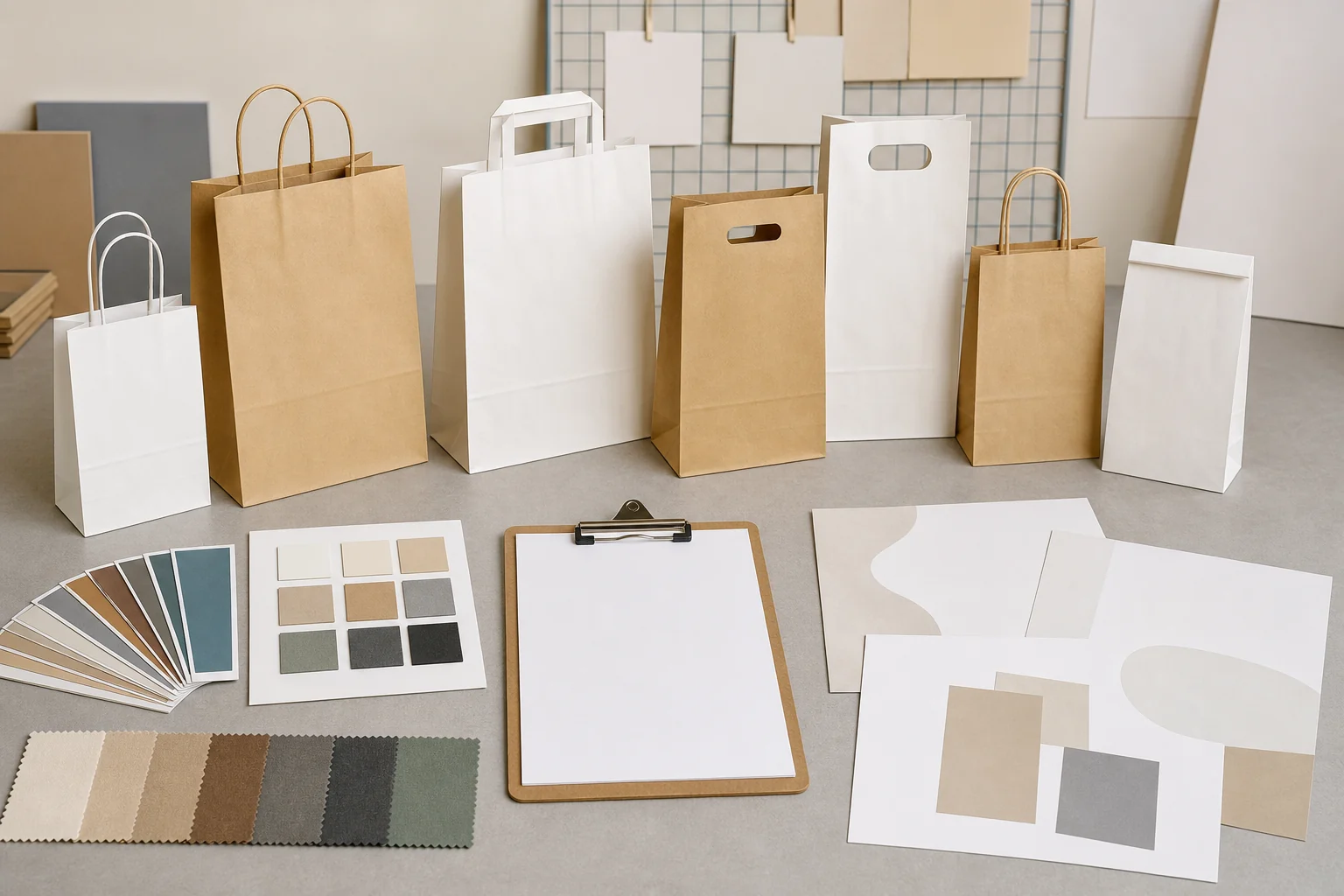 Empty unbranded paper bag samples and blank review materials prepared for proof approval