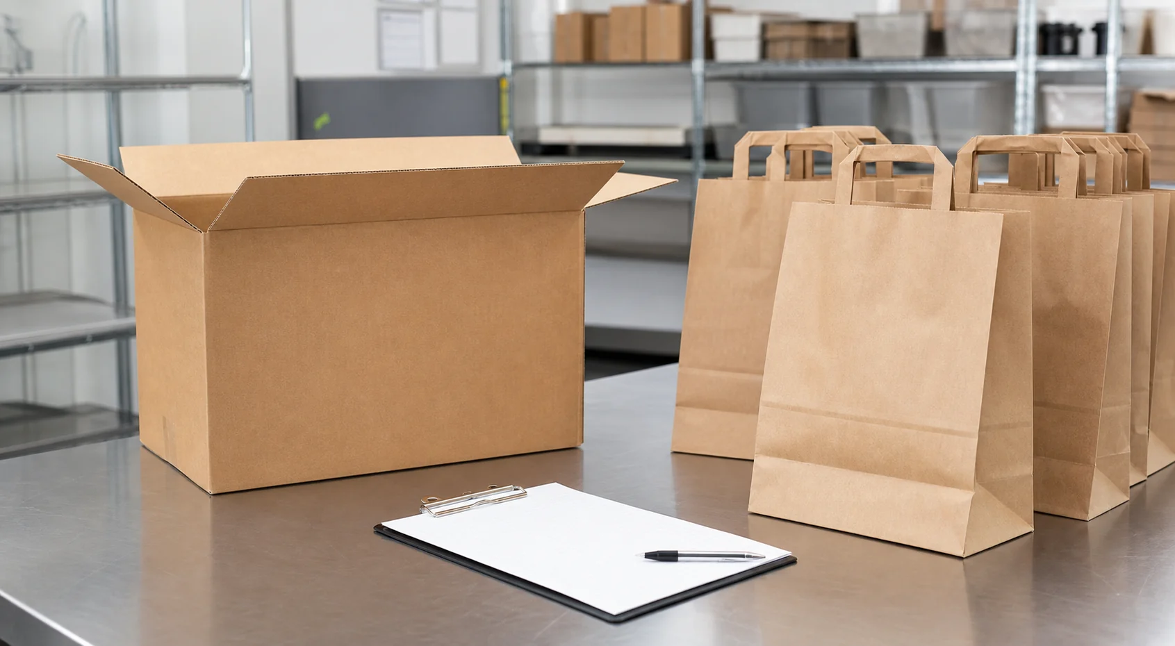 Open plain carton and unbranded paper bags staged for receiving inspection