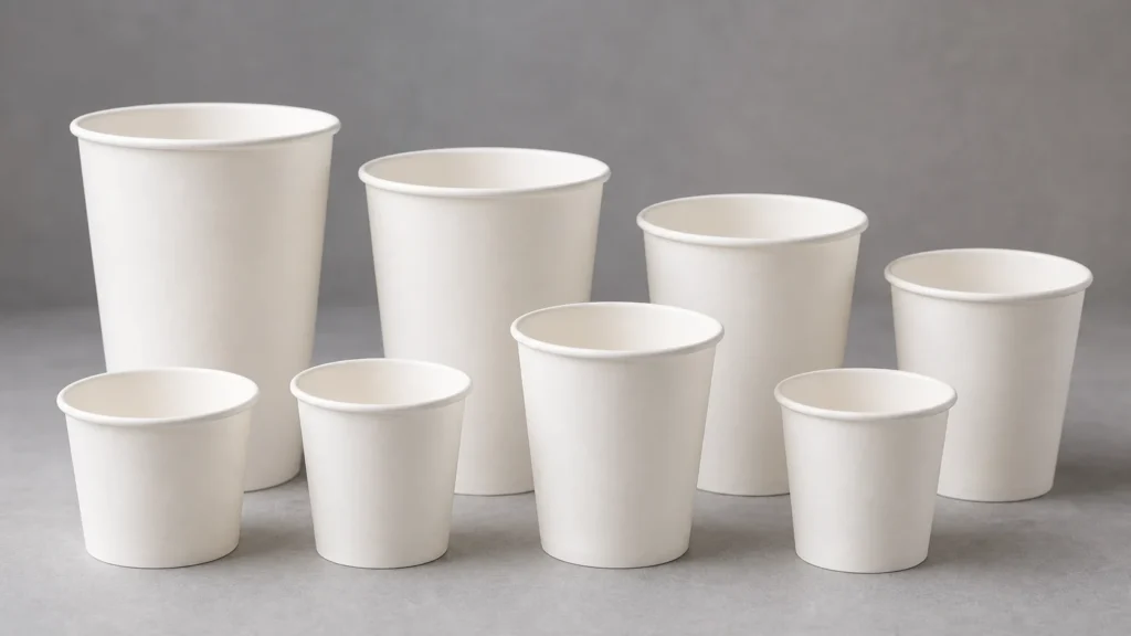 Vasos de papel vacíos sin marca, dispuestos para revisar una plantilla de obra de arte