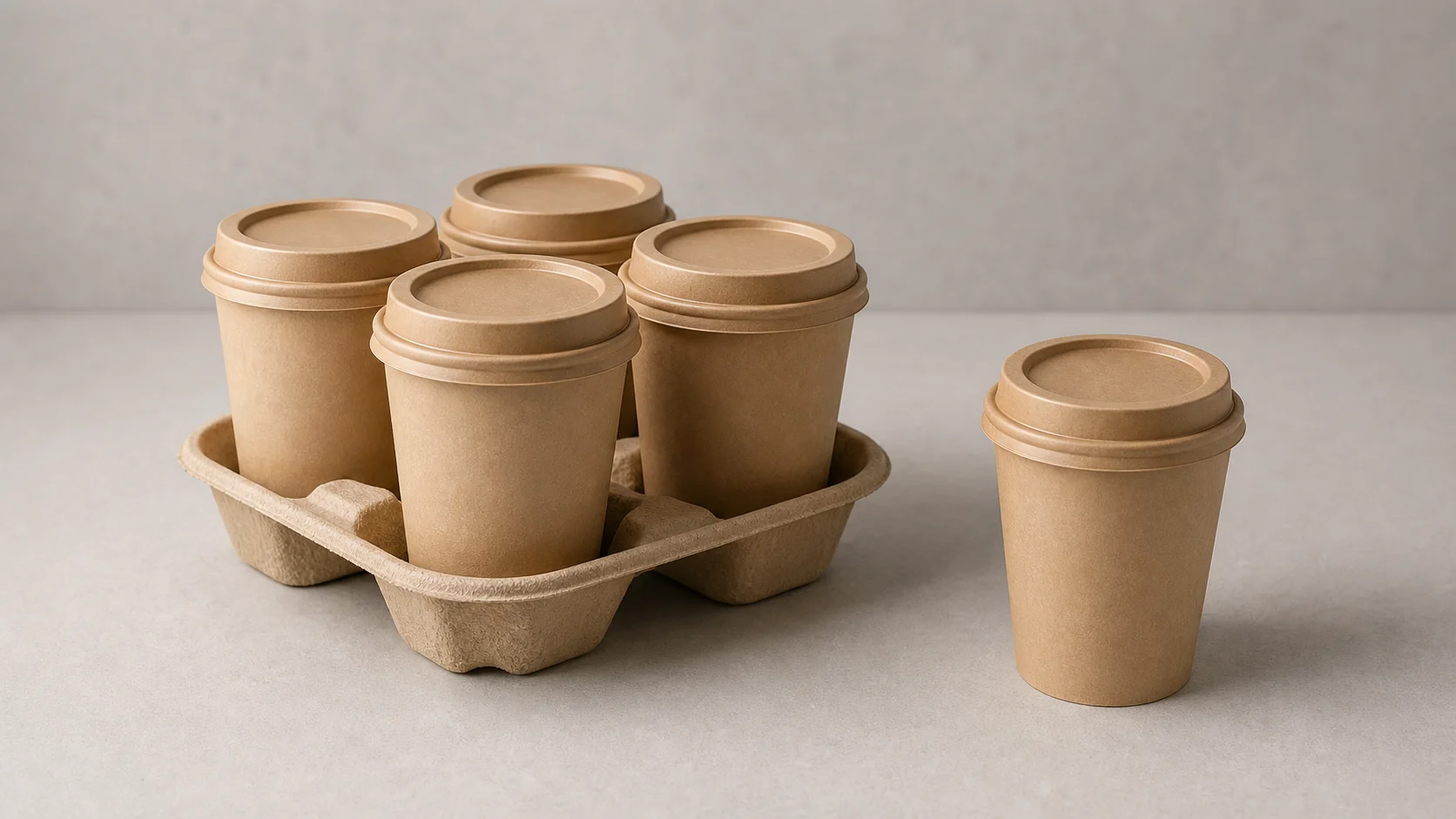Empty unbranded paper cups with plain matching lids and cardboard carrier