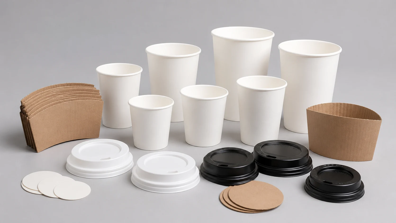 Empty unbranded paper cup components arranged for quality review