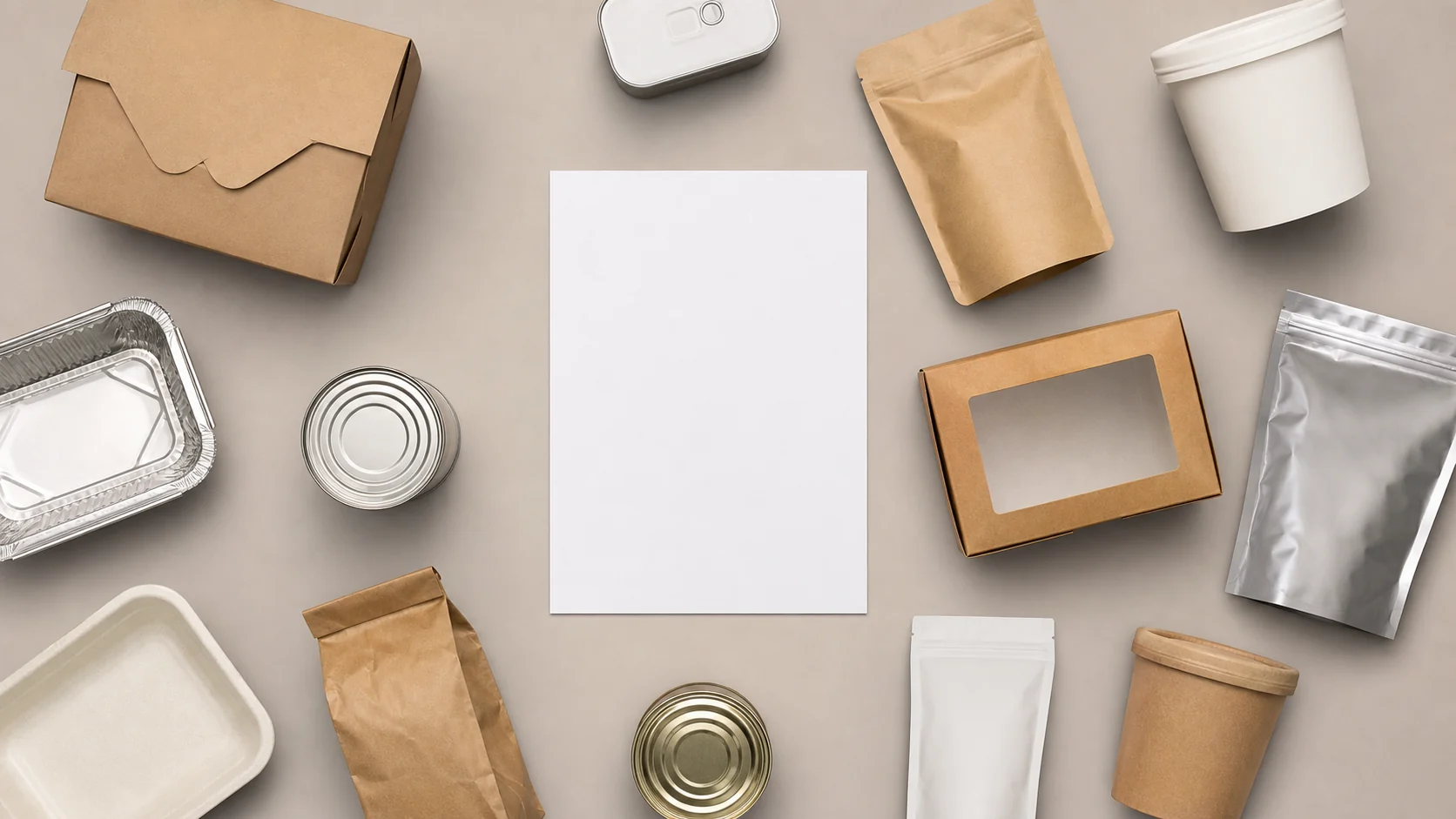 Empty food packaging samples beside a blank buyer brief sheet