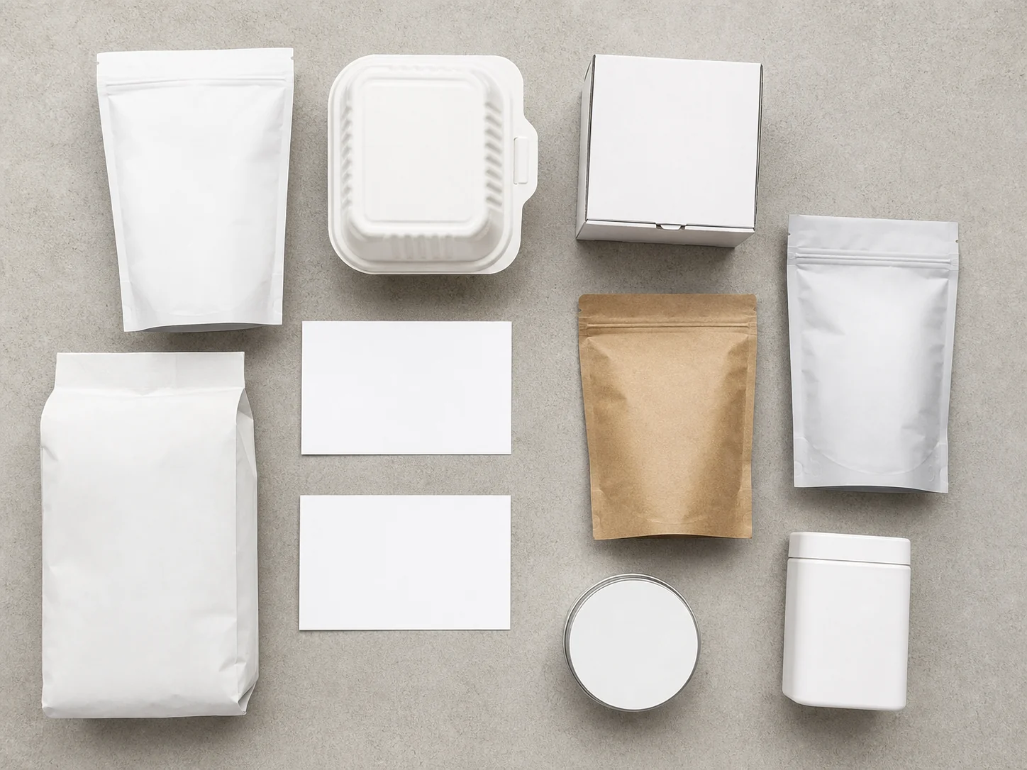 Empty generic food packaging samples arranged for comparison