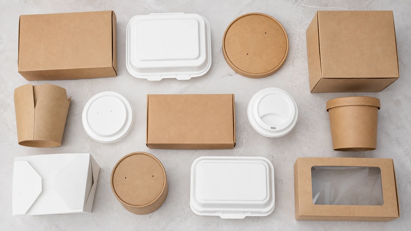 Empty unbranded food packaging formats arranged for transport review