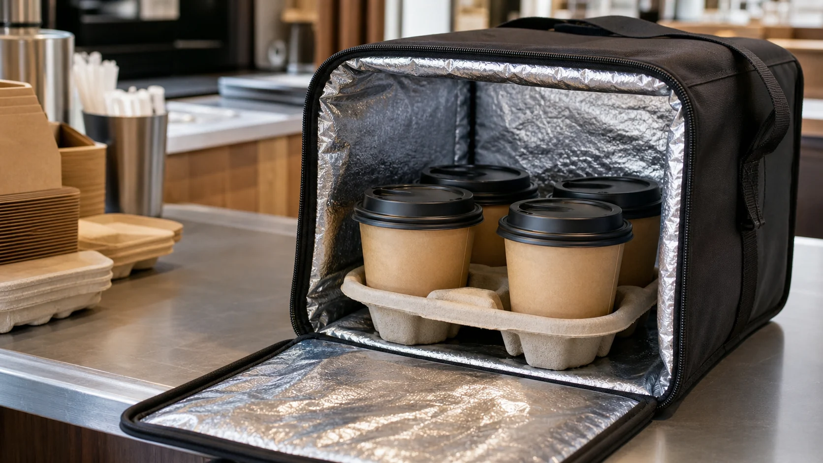 Disposable coffee cup samples positioned in a delivery carrier for service validation