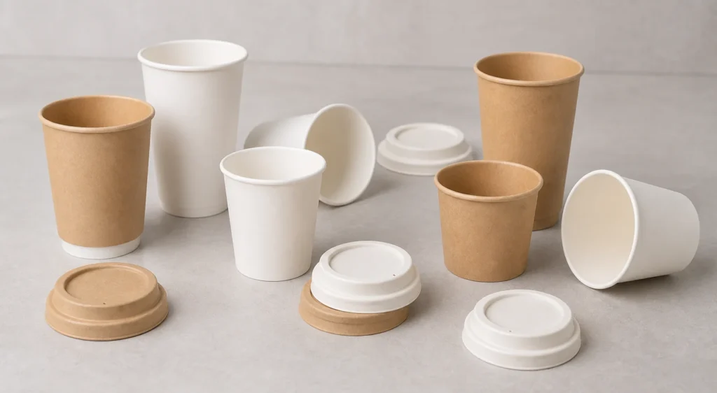 Unbranded disposable coffee cup and lid sample family