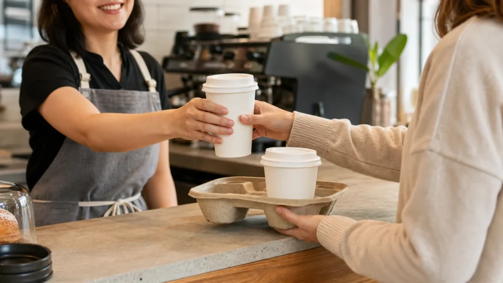Unbranded disposable coffee cups shown across a foodservice hand-off and carry route