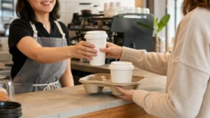 Unbranded disposable coffee cups shown across a foodservice hand-off and carry route