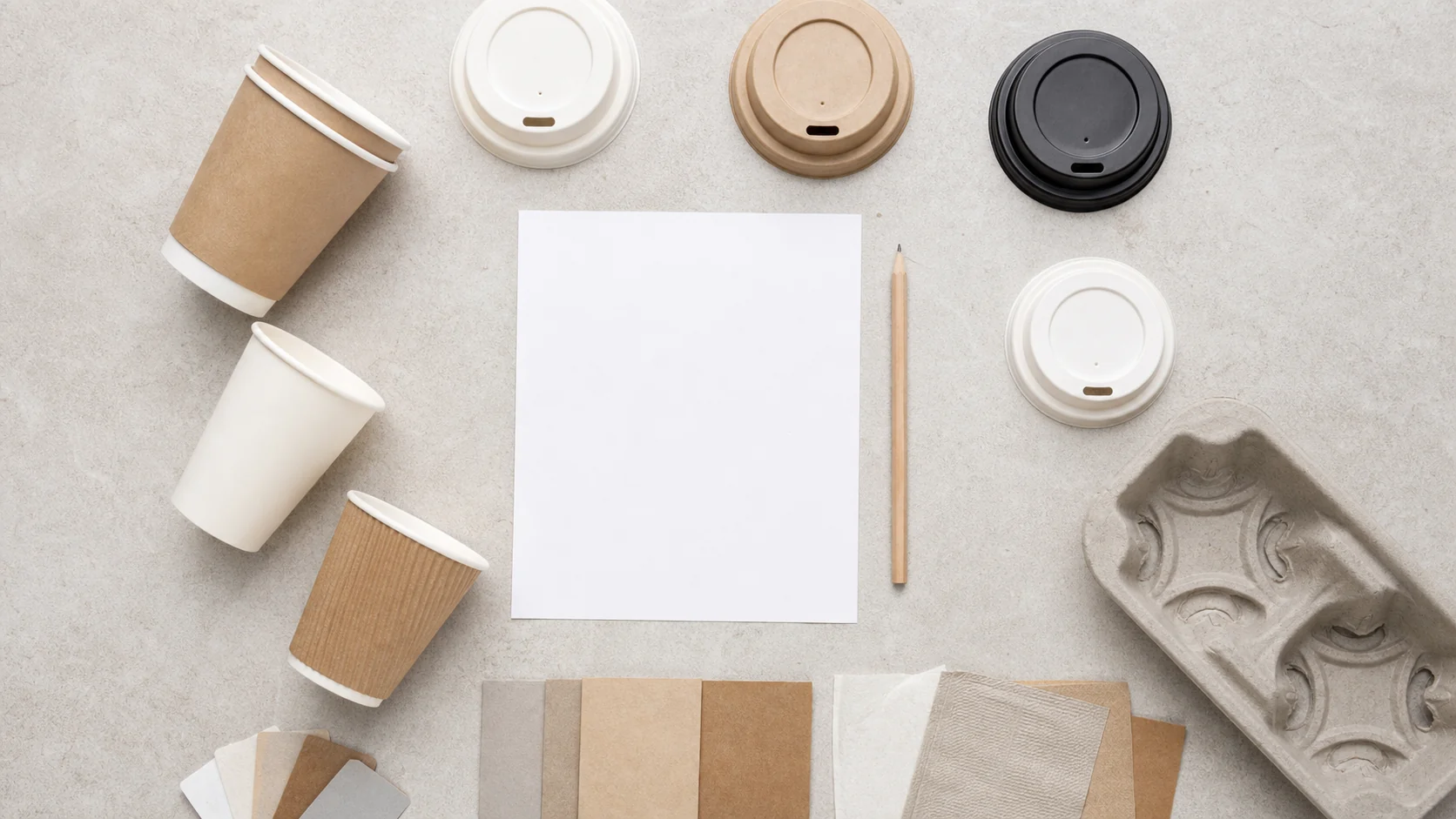 Unbranded disposable coffee cup samples with a blank sourcing review sheet